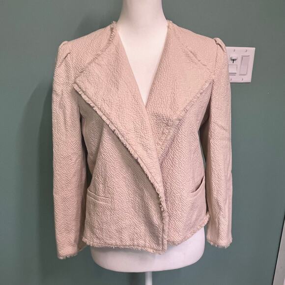 Ann Taylor Textured Drape Front Jacket Fringe Edge Blazer Beige Size 6 neutral - Picture 1 of 7